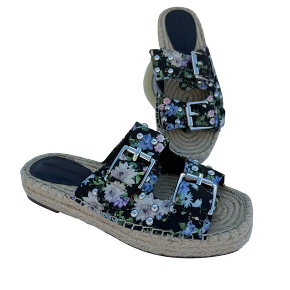 Rebecca Minkoff Jodi Black Pink Floral Double Buckle Strap Espadrilles Sandal 6M - Picture 1 of 10